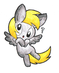 Size: 300x373 | Tagged: safe, artist:daieny, derpy hooves, pegasus, pony, g4, :o, chibi, cute, derpabetes, female, flying, mare, question mark, solo, spread wings