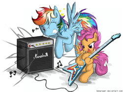 Size: 1346x1000 | Tagged: safe, artist:flutterthrash, rainbow dash, scootaloo, pegasus, pony, g4, amplifier, duo, electric guitar, female, filly, foal, guitar, hoof hold, mare, music notes, musical instrument, one eye closed, open mouth, signature, simple background, sitting, spread wings, white background, wings