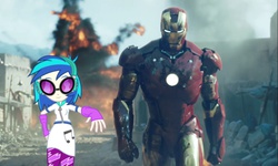 Size: 1360x816 | Tagged: safe, dj pon-3, vinyl scratch, equestria girls, g4, music to my ears, my little pony equestria girls: rainbow rocks, awesome, clique, cool guys don't look at explosions, crossover, epic, explosion, iron man, parody, size difference, strutting vinyl, walking, walking away from explosion