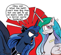 Size: 331x301 | Tagged: safe, edit, idw, princess celestia, princess luna, pony, g4, spoiler:comic, spoiler:comic18, angry, bandage, floppy ears, frown, glare, implied lunamac, implied shipping, implied straight, little tongue, looking away, luna is not amused, missing accessory, open mouth, reflections drama, ship:celestibra, unamused, wide eyes, yelling