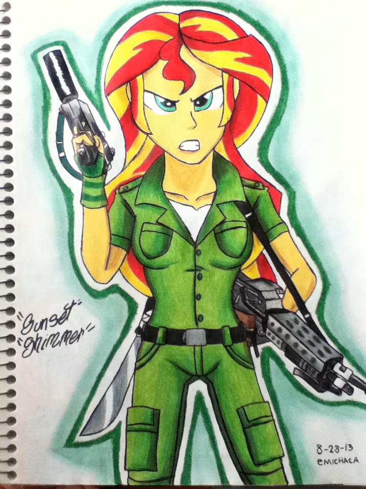 600760 safe, artistemichaca, sunset shimmer, equestria girls, female, gun, machete, machine