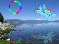 Size: 2272x1704 | Tagged: safe, artist:dasduriel, artist:luckydonald, artist:muffinshire, rainbow dash, g4, argentina, irl, lake, mountain, nahuel huapi lake, photo, ponies in real life, solo, sonic rainboom, water