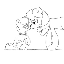 Size: 2048x2048 | Tagged: safe, artist:tremble, cheerilee, silver spoon, earth pony, pony, g4, age difference, black and white, cheerispoon, duo, female, filly, foal, glasses, grayscale, high res, kissing, lesbian, mare, monochrome, simple background, white background