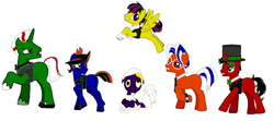 Size: 1424x632 | Tagged: safe, artist:yarnweaver, oc, oc only, oc:felicitous song, oc:foreshadow, oc:jukebox, oc:number crunch, oc:second guess, oc:silky sunshine, pony, clothes, male, rainbow, stallion, straight