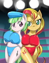 Size: 645x829 | Tagged: safe, artist:pugilismx, drama letter, sunset shimmer, watermelody, pony, unicorn, semi-anthro, g4, background human, boxing, clothes, foxy boxing, panties, underwear