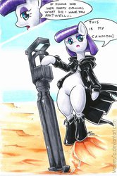 Size: 728x1096 | Tagged: safe, artist:maikeruto, maud pie, earth pony, pony, g4, bipedal, black rock shooter, cannon, comic, crossover, female, gun, solo, traditional art