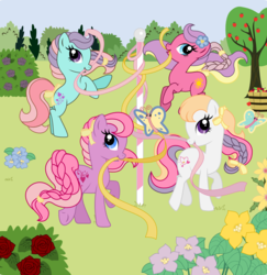 Size: 1240x1274 | Tagged: safe, artist:brandykiss, ivy, light heart, sundance (g2), sunsparkle, sweet berry, pony, g2, g4, core four, female, g2 to g4, generation leap, mare