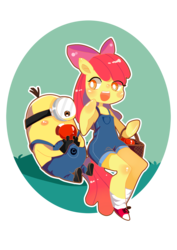 Size: 1800x2545 | Tagged: safe, artist:scorpiyo, apple bloom, earth pony, semi-anthro, g4, apple, clothes, crossover, despicable me, duo, female, male, minions, overalls, pixiv