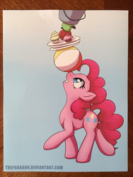 Size: 800x1066 | Tagged: safe, artist:theparagon, pinkie pie, g4, apple, balancing, beach ball, bucket, cupcake, female, merchandise, photo, ponies balancing stuff on their nose, solo
