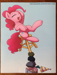 Size: 800x1066 | Tagged: safe, artist:theparagon, mr. turnip, pinkie pie, rocky, g4, balancing, female, solo, stool