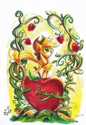 Size: 2292x3303 | Tagged: safe, artist:jowyb, applejack, g4, apple, female, high res, open mouth, size difference, smiling, solo, traditional art, wink
