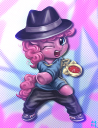 Size: 1411x1839 | Tagged: safe, artist:mrs1989, pinkie pie, earth pony, pony, g4, testing testing 1-2-3, bipedal, female, filly, hat, rapper pie, solo, underhoof, younger