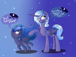 Size: 3375x2543 | Tagged: safe, artist:crazypon3, princess luna, g4, alternate hairstyle, body swap, cute, filly, high res, mane swap, s1 luna, self ponidox, smiling, speech bubble, time paradox, woona