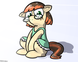 Size: 1000x800 | Tagged: safe, artist:pokehidden, oc, oc only, oc:squeaky condom, clothes, dress, female, filly, freckles, glasses, sitting, solo