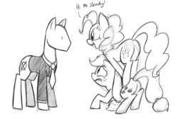 Size: 1596x1074 | Tagged: safe, artist:mickeymonster, applejack, pinkie pie, g4, dialogue, monochrome, pile, pinkie pie riding applejack, ponies riding ponies, riding, sketch, slendermane, slenderpony, this will end in tears