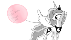 Size: 1357x777 | Tagged: safe, artist:bastardo-kun, princess luna, alicorn, pony, g4, balloon, crown, cute, ethereal mane, ethereal tail, female, jewelry, loonerluna, lunabetes, mare, monochrome, mouth hold, princess loonya, regalia, solo, spread wings, starry mane, starry tail, tail, wings