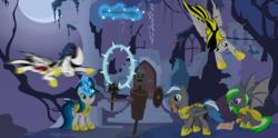 Size: 18000x8900 | Tagged: safe, artist:csillaghullo, oc, bat pony, pegasus, pony, unicorn, absurd resolution, castle, everfree forest, mace, magic, old castle ruins, palace, ring, royal guard, ruins, training, tree