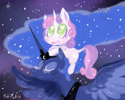 Size: 1000x800 | Tagged: safe, artist:puffpink, princess luna, sweetie belle, pony, g4, ponies riding ponies, pony hat, riding, sweetie belle riding luna, sweetiehat