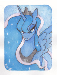 Size: 900x1166 | Tagged: safe, artist:trefleix, princess luna, alicorn, pony, g4, bust, crown, ethereal mane, female, jewelry, lidded eyes, regalia, solo, starry mane, traditional art, watercolor painting