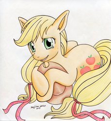 Size: 2403x2623 | Tagged: safe, artist:jadesca, applejack, g4, female, high res, prone, ribbon, solo, teary eyes, traditional art