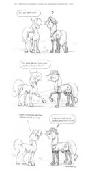 Size: 1100x2033 | Tagged: safe, artist:baron engel, applejack, oc, oc:petina, g4, comic, dialogue, fireproof boots, grayscale, monochrome, pencil drawing, question mark, traditional art