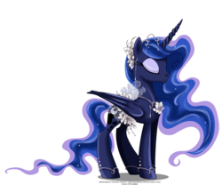 Size: 2100x1750 | Tagged: safe, artist:tiffanymarsou, part of a set, princess luna, alicorn, pony, g4, concave belly, ethereal mane, ethereal tail, eyelashes, eyes closed, female, flower, jewelry, long mane, long tail, may festival, simple background, slender, solo, tail, thin, transparent background