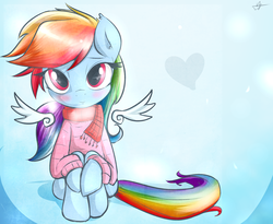 Size: 2200x1800 | Tagged: safe, artist:kyodashiro, rainbow dash, pegasus, pony, g4, anatomically incorrect, clothes, female, floating wings, heart, incorrect leg anatomy, scarf, solo, sweater, wings
