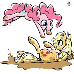 Size: 1200x1200 | Tagged: safe, artist:rwl, applejack, pinkie pie, g4, female, fun, heart eyes, lesbian, mud, ship:applepie, shipping, starry eyes, wingding eyes