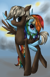 Size: 577x877 | Tagged: safe, artist:rumbletree6, dumbbell, rainbow dash, g4, dumbdash, female, hug, male, shipping, smiling, spread wings, straight