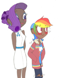 Size: 500x662 | Tagged: safe, artist:fedorabow, rainbow dash, rarity, human, g4, dark skin, female, humanized, lesbian, ship:raridash, shipping