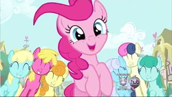 Size: 641x361 | Tagged: safe, screencap, bon bon, carrot top, cherry berry, golden harvest, linky, pinkie pie, sassaflash, shoeshine, spring melody, sprinkle medley, sweetie drops, earth pony, pony, a friend in deed, g4, cute, diapinkes, female, mare, open mouth, smile song, smiling