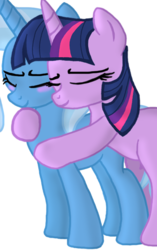 Size: 489x777 | Tagged: safe, artist:spottytlion, trixie, twilight sparkle, g4, blank flank, blushing, duo, female, hug, lesbian, ship:twixie, shipping, smiling