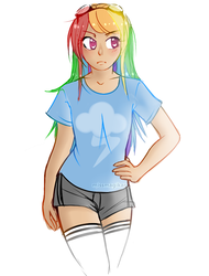 Size: 603x793 | Tagged: safe, artist:missmagikarp, rainbow dash, human, g4, clothes, female, humanized, shirt, shorts, socks, solo, thigh highs