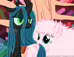Size: 650x500 | Tagged: safe, artist:mixermike622, queen chrysalis, oc, oc:fluffle puff, tumblr:ask fluffle puff, g4, chewing, scrunchy face