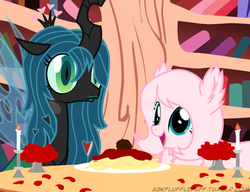 Size: 650x500 | Tagged: safe, artist:mixermike622, queen chrysalis, oc, oc:fluffle puff, tumblr:ask fluffle puff, g4, alternate hairstyle, candle, dinner, flower, lipstick, romance, romantic, ship:chrysipuff, shipping, spaghetti