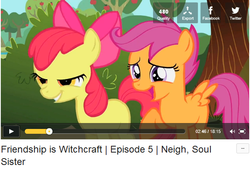 Size: 624x432 | Tagged: safe, apple bloom, scootaloo, friendship is witchcraft, g4, bedroom eyes, dailymotion, neigh soul sister