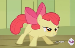 Size: 533x338 | Tagged: safe, screencap, apple bloom, earth pony, pony, g4, female, hub logo, lidded eyes, solo