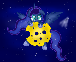 Size: 1996x1646 | Tagged: safe, artist:louderspeakers, princess luna, g4, cheese, chibi, edible heavenly object, female, moon, solo, tangible heavenly object
