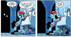 Size: 1293x675 | Tagged: safe, artist:amy mebberson, idw, official comic, crystal pony, earth pony, ghost, pony, spoiler:comic, spoiler:comicff4, cameo, colored hooves, comic, crystal ghost, facial hair, fart joke, harsher in hindsight, implied farting, luigi, male, mario, moustache, plumber, plunger, ponified, sink, speech bubble, stallion, super mario bros.