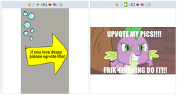 Size: 388x208 | Tagged: safe, derpy hooves, spike, pegasus, pony, derpibooru, g4, exploitable meme, female, juxtaposition, juxtaposition win, mare, meme, meta