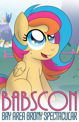 Size: 483x749 | Tagged: safe, artist:drawponies, oc, oc only, oc:golden gates, pegasus, pony, babscon, babscon mascots, cute, female, filly, looking up, open mouth, poster, sitting, smiling, solo