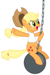 Size: 4000x5915 | Tagged: safe, artist:masem, applejack, g4, .svg available, absurd resolution, clothes, cowboy hat, female, happy, hat, miley cyrus, open mouth, shirt, simple background, smiling, solo, stetson, swinging, transparent background, vector, wrecking ball