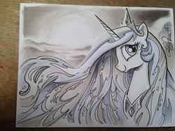 Size: 852x639 | Tagged: safe, artist:andy price, princess celestia, g4, irl, monochrome, photo, solo, traditional art