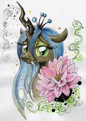 Size: 891x1243 | Tagged: safe, artist:donika-schovina, queen chrysalis, changeling, changeling queen, g4, fangs, female, flower, looking at you, portrait, smiling, solo, traditional art