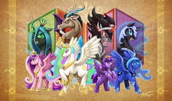 Size: 1280x758 | Tagged: safe, artist:slifertheskydragon, discord, king sombra, nightmare moon, princess cadance, princess celestia, princess luna, queen chrysalis, twilight sparkle, alicorn, changeling, changeling queen, draconequus, pony, unicorn, abstract background, alicorn tetrarchy, counterparts, ethereal mane, female, male, mare, new crown, stallion, twilight sparkle (alicorn)