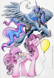 Size: 800x1155 | Tagged: safe, artist:donika-schovina, pinkie pie, princess luna, g4, balloon, flying, moon, traditional art