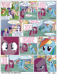 Size: 2550x3300 | Tagged: safe, artist:j5a4, apple bloom, fluttershy, pinkie pie, rainbow dash, rarity, twilight sparkle, comic:party of one, g4, comic, creepypasta, engrish, high res, pinkamena diane pie, this will end in cupcakes