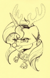 Size: 446x700 | Tagged: safe, artist:donika-schovina, sunset shimmer, pony, reindeer, unicorn, g4, antlers, bells, christmas, clothes, collar, costume, female, floppy ears, frown, glare, solo, traditional art, unamused