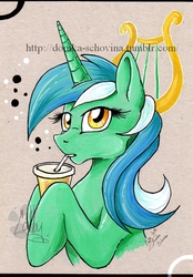 Size: 557x800 | Tagged: safe, artist:donika-schovina, lyra heartstrings, g4, cutie mark, drink, female, portrait, solo, traditional art