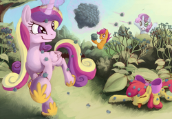 Size: 1600x1116 | Tagged: safe, artist:fantdragon, apple bloom, princess cadance, scootaloo, sweetie belle, alicorn, earth pony, pony, unicorn, g4, burrs, cutie mark crusaders, eyes closed, female, folded wings, grin, gritted teeth, hoof shoes, levitation, magic, mare, playing, prone, running, smirk, stingbush seed pods, telekinesis, throwing, tongue out, wide eyes, wings